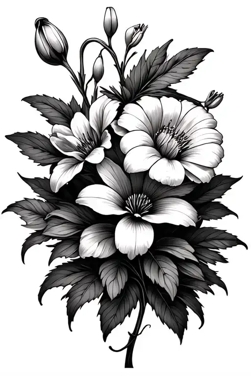 Shop drop, jonquil, sweet pea, Lilly of the valley, aster, peony, red clematis. Black and gray with a little color tattoo design idea