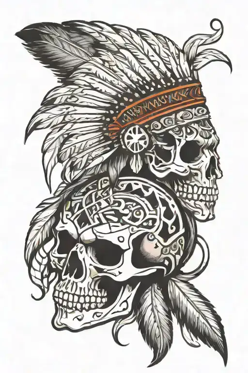 Native American style skull with leatherwork smoke tattoo design idea