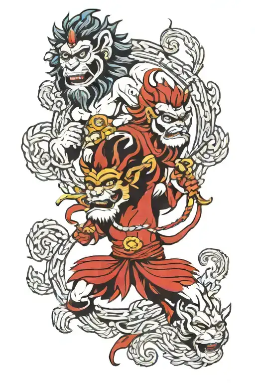 monkey king and lion link intertwined tattoo design idea