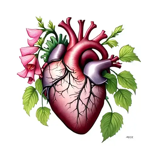 Anatomical Heart with foxglove flower digitalis tattoo design idea