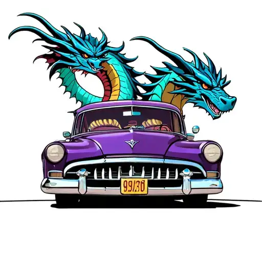 Three headed dragon driving a 1951 mercury and the car is purple.  tattoo design idea