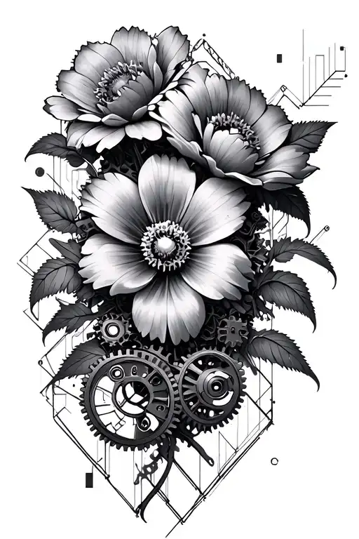 mechanical flowers , surrounded by gears and geometric lines , tattoo design idea