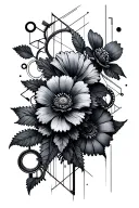 mechanical flowers , surrounded by gears and geometric lines , tattoo design idea