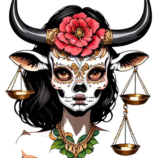 woman body bull with sugar skull markings, brown eyes and two Libra scales with extra dark background tattoo design idea