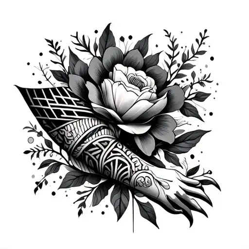 Black and grey full-arm tattoo sleeve seamlessly mixing geometric and floral patterns. Features bold, masculine details  tattoo design idea