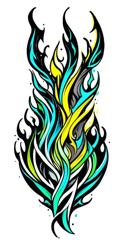 tribal patterns in long flame like structure with a few  colours from light blue,over green and yellow  tattoo design idea