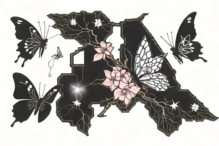 a sakura branch and two butterflies tattoo design idea