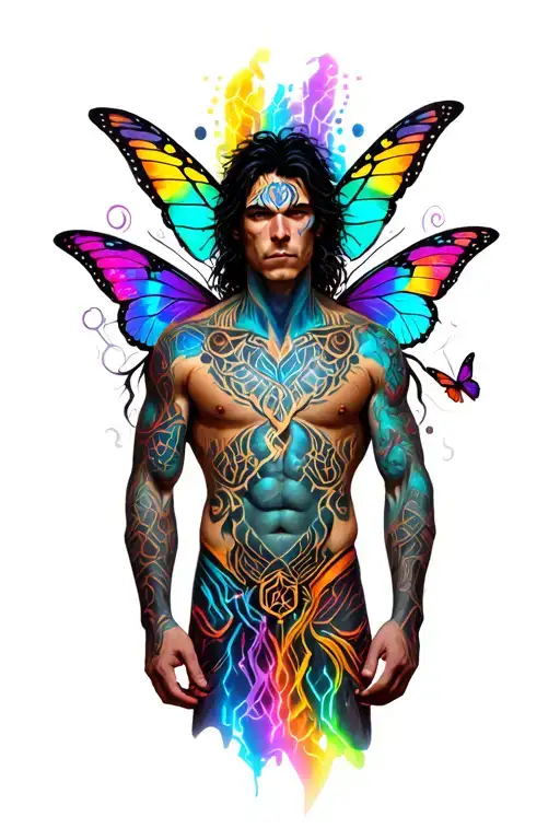 male faery torso, mischievous, tribal. Around him are butterflies, rainbows. tattoo design idea