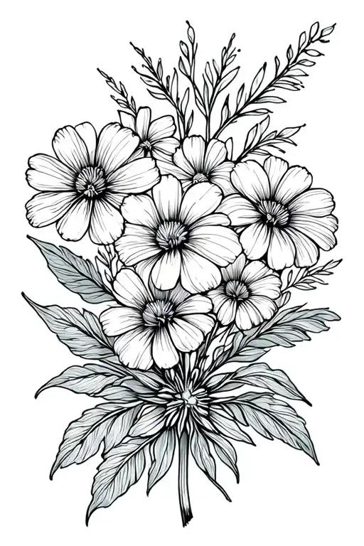 March, April, may, July, August, October, December birth flower bouquet tattoo design idea