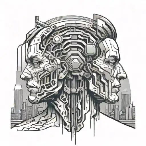Front view of 2d man bust, filed with cyberpunk city skylines making veins connected to the brain. It and cyberpunk vibe tattoo design idea