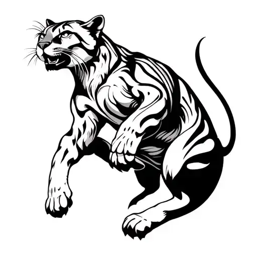 Tattoo of a Black and white Abstract line work of a cougar stretched out, leaping, and its muscles all tensed from a sid tattoo design idea