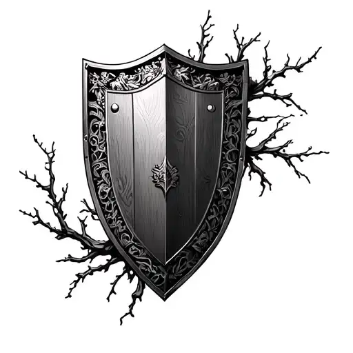 Roman shield covered in Branches with detailed blackwork tattoo tattoo design idea