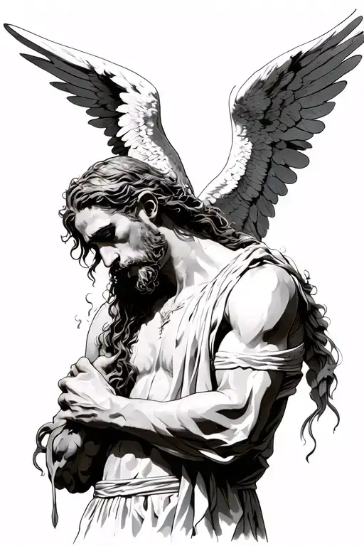 angel raphel looking left mourning male tattoo design idea