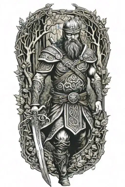 Irish Celtic warrior in the forest tattoo design idea