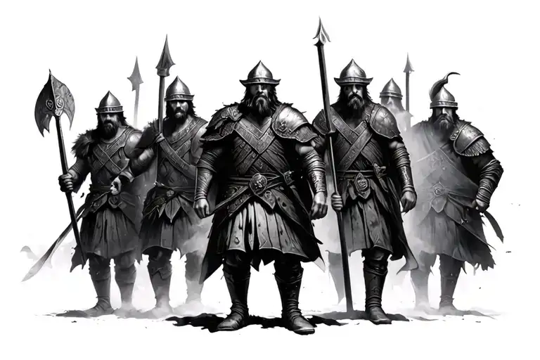 historical norman soldier, Scottish warrior, viking, Irish soldier, English warrior in mist. action poses tattoo design idea
