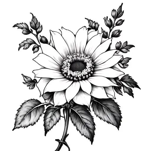 Create a blackwork tattoo design featuring an edelweiss flower intertwined with a Yorkshire rose. The flowers should be  tattoo design idea