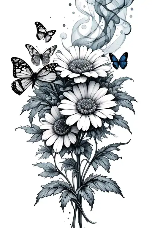 flowers with butterflies on the pettles with and smoke flowing through the flower tattoo design idea