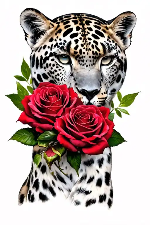 roses and a snow leopard  tattoo design idea