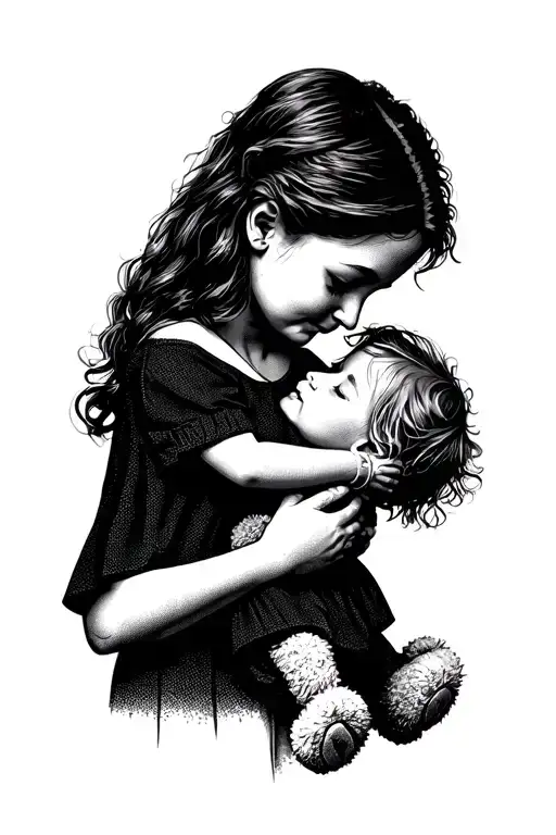 A woman holding her daughter in arms. The child hugs his mother. Mother looks tenderly at her daughter. The child holds a teddy bear tattoo design idea