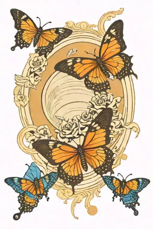 butterflies flying around Saturn with Arabic words saying dark femininity  tattoo design idea