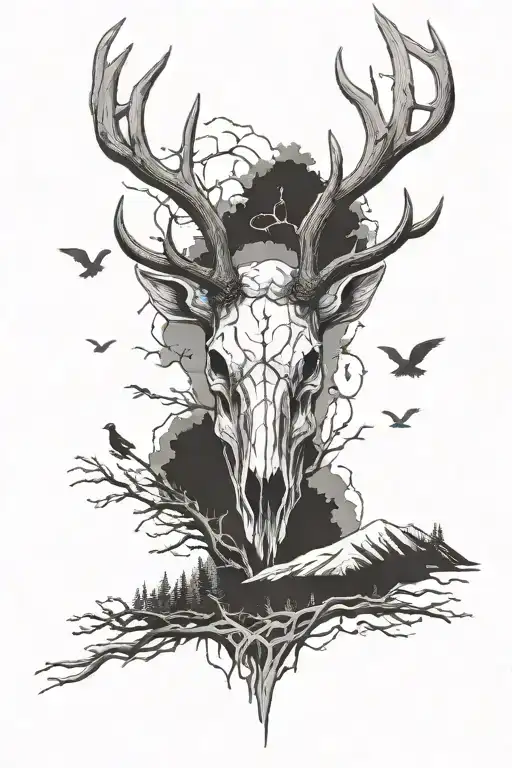 elk skull with geese flying tattoo design idea