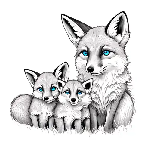 grey fox mum with 4 cubs, all have blue eyes tattoo design idea