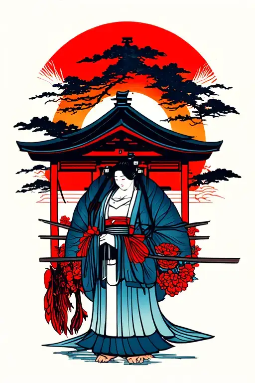 Japanese sun, Shinto shrine in a wood block print style tattoo design idea