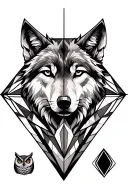 Diamond. Lower half: geometric. Upper half divided into 3: wolf on the right, deer on the left, owl overlooking them. tattoo design idea