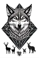 Diamond. Lower half: geometric. Upper half divided into 3: wolf on the right, deer on the left, owl overlooking them. tattoo design idea
