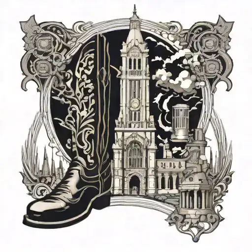 tattoo design including: founders building at royal holloway and cowboy boots and twin towers and steel pan (instrument) tattoo design idea
