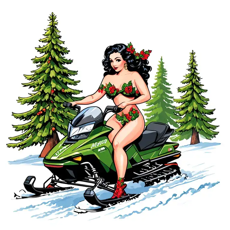  pinup  brunette wife, pine tree, riding snowmobile tattoo design idea