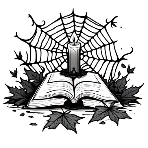 books and fallen leaves falling with a spider web and candle tattoo design idea