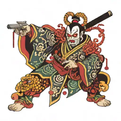 Six-armed Kabuki holding a gun tattoo design idea