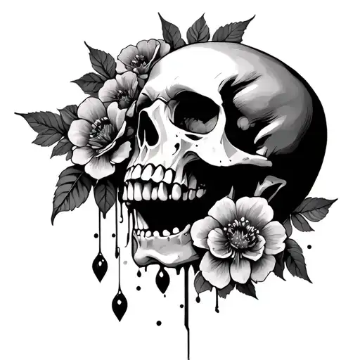 gothic skull with flowers spilling out of it  tattoo design idea