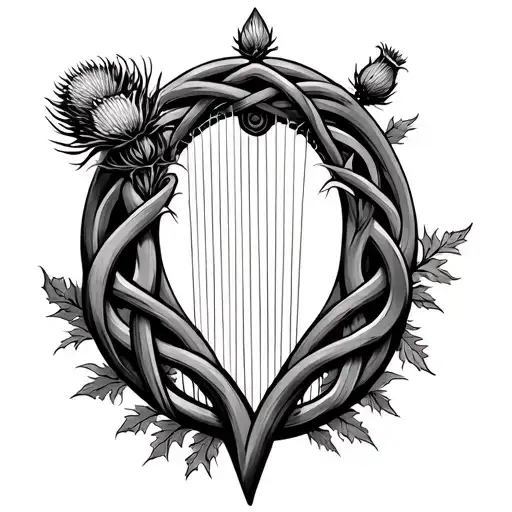 Scottish thistle with Irish Harp entwined in Celtic infinity knot  tattoo design idea