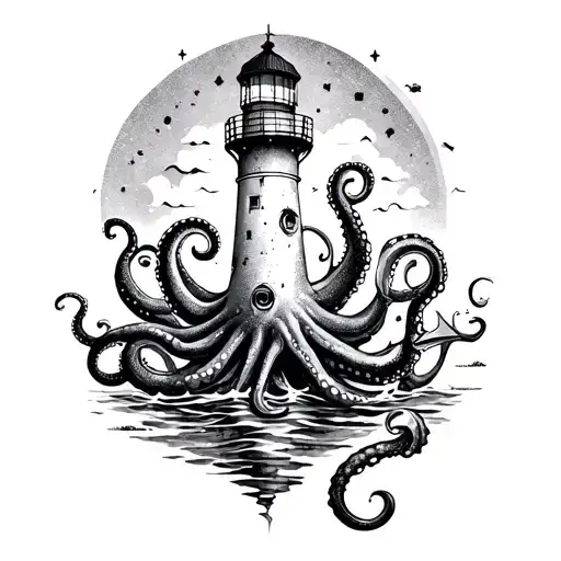 sea with lighthouse with octopus and anchor tattoo design idea