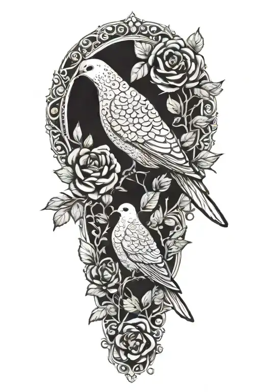 zentangle drawing of a perched dove atop roses tattoo design idea
