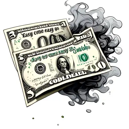 "Easy come easy go" dollar bill with filligree and smoke swirling tattoo design idea
