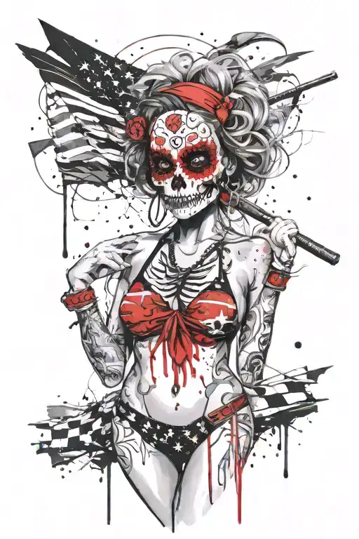 candy skull girl in a bikini in front of the Indonesian flag tattoo design idea