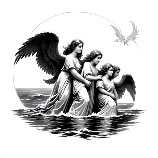 3 angels comming from the oceans with wings spread  tattoo design idea