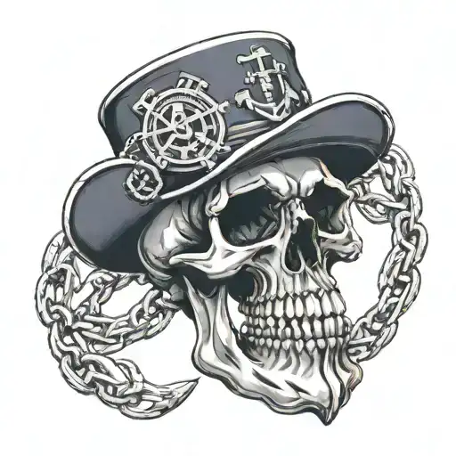 navy skull with dixie cup hat wearing an anchor as a chain with the words haha has a bacground\ tattoo design idea