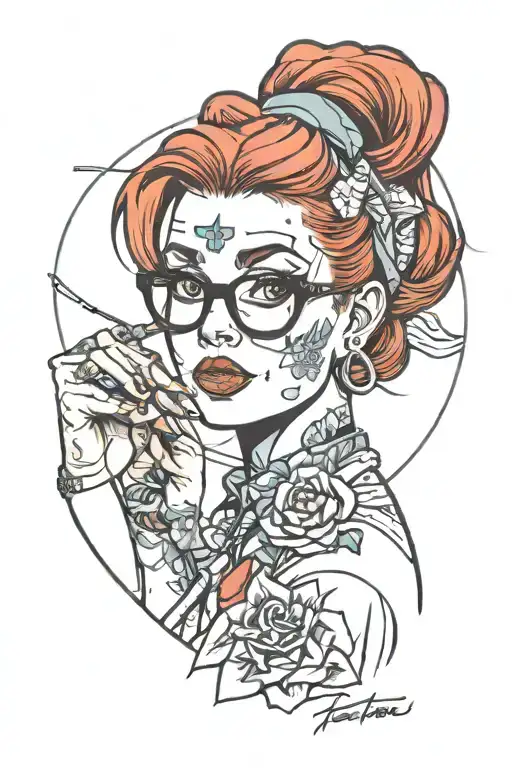 tattood vet tech pinup, scrubs, red hair, messy bun, headband, bites, glasses, nose pierced, id badge, bandaid, nails tattoo design idea