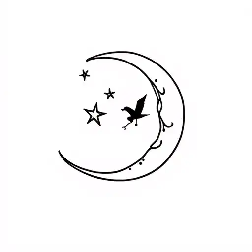 “Minimal fine line tattoo, crescent moon with two stars above, phinix bird, symbolizing motherhood and two children” tattoo design idea