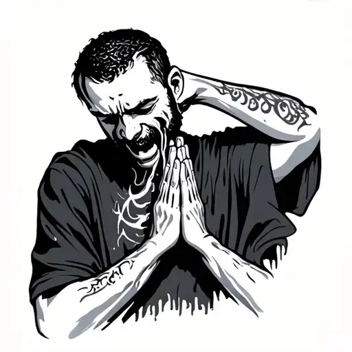 man having his throat cut while praying tattoo design idea