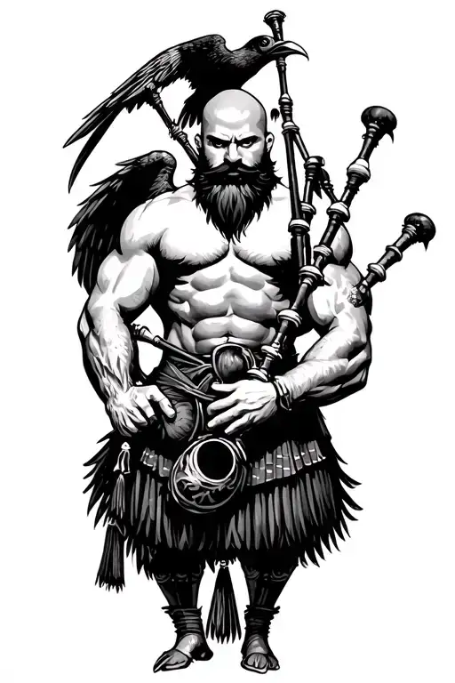 muscular bagpiper bald black beard black huge wings on his back playing the bagpipes flying crow with claws tattoo design idea