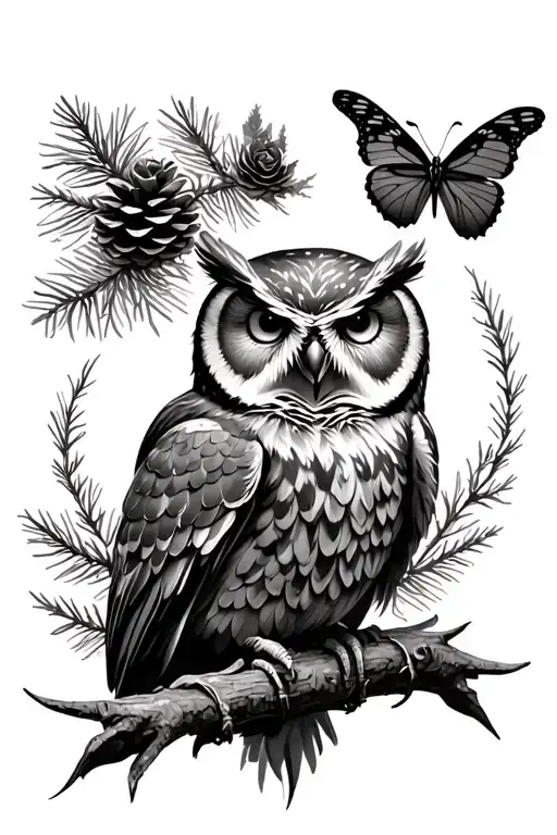 Bear claws, owl, pinecone, butterfly, "release" tattoo design idea