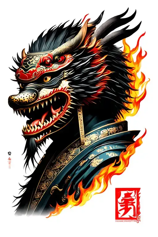 Japanese samurai before a bust with the Japanese mask below the dragon’s head in fire, everyone unites Japanese elements tattoo design idea