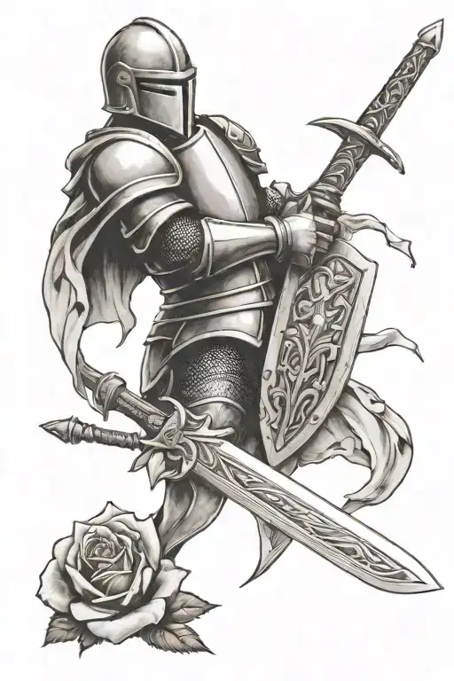 knight holding sword tattoo with roses tattoo design idea