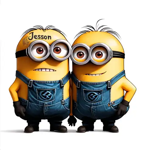 Generate me a tattoo of two minions who tattoo each other's forehead with the word "Jesson" tattoo design idea