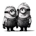 Generate me a tattoo of two minions who tattoo each other's forehead with the word "Jesson" tattoo design idea